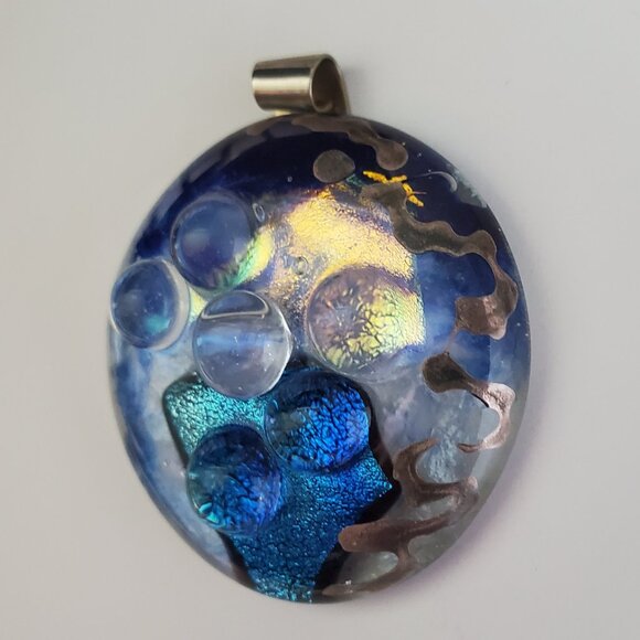 Artist Signed Modernist Metallic Infused Glass Pendant Handmade Baubles Shimmer - Picture 3 of 6
